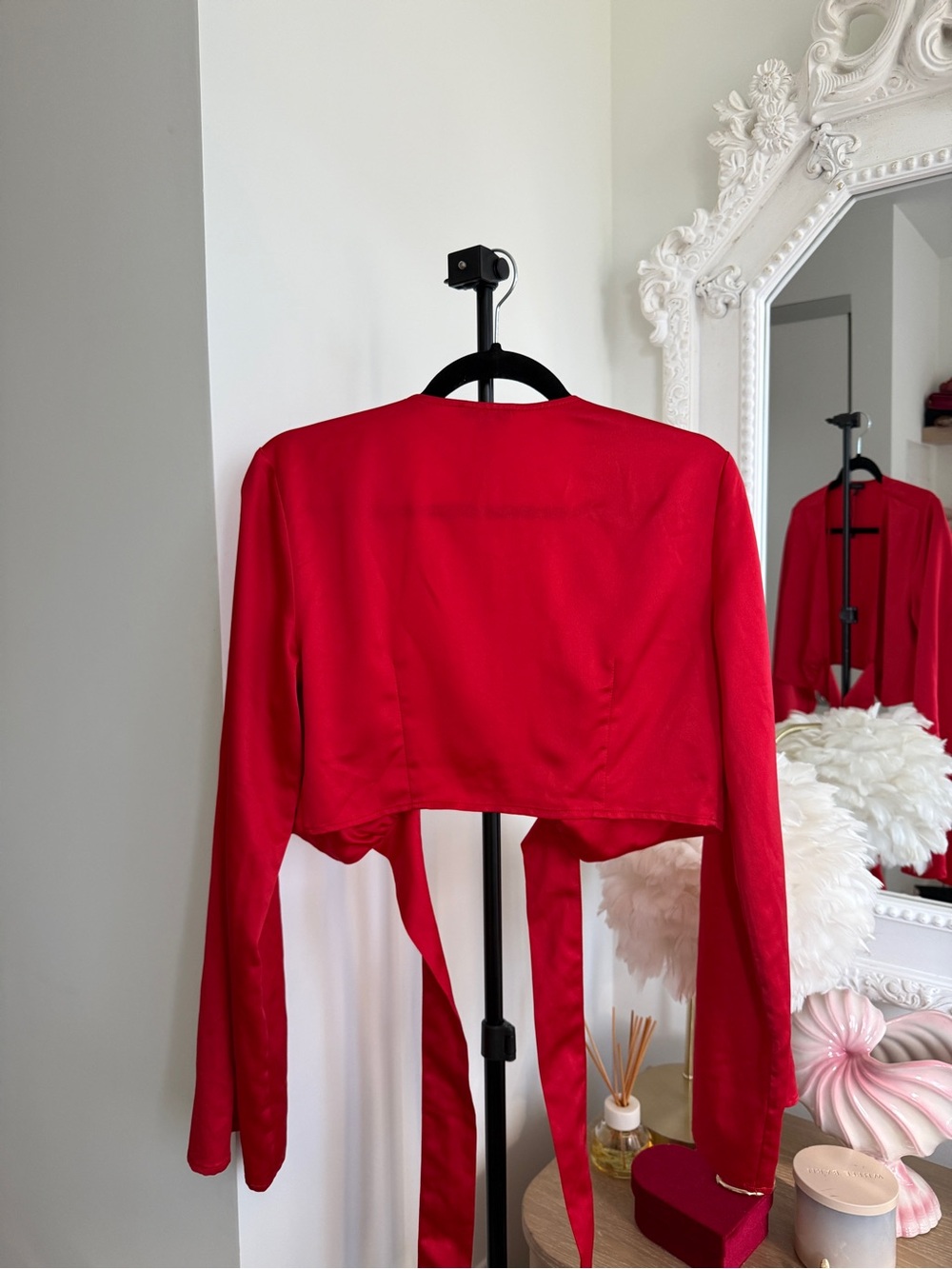 Dynamite Red Satin Tie Front Bell Sleeve Crop Top - Picture 6 of 11